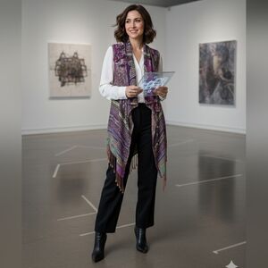 ANU Artsy Vest Jacket Floral Reversible Draped Fringe  Open Front Boho Size S-M